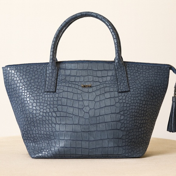 laurel Handbags - Laurel Blue Croc Embossed Leather Shoulder Bag Tassel Accent